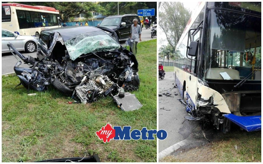 Keadaan kereta Perodua Axia dan bas RapidPenang selepas kemalangan. FOTO Ihsan JBPM