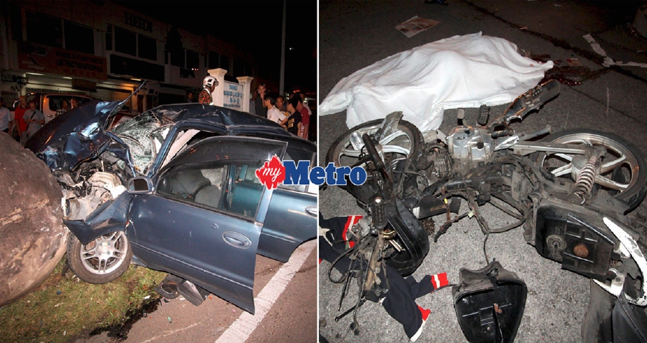 Pasangan suami isteri terbunuh selepas motosikal mereka dirempuh kereta Proron Wira (gambar kiri) yang terbabas di KM 86.8 Jalan Kota Tinggi - Kluang. - Foto ADNAN IBRAHIM
