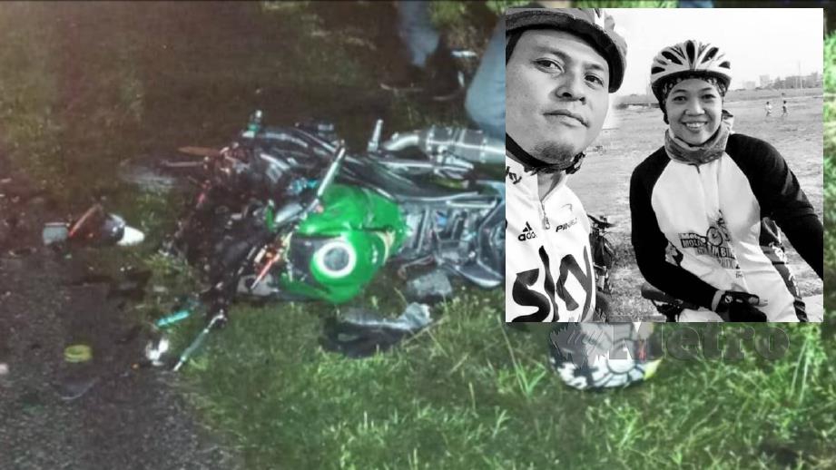 KEADAAN salah sebuah motosikal berkuasa tinggi yang dirempuh kereta. (Gambar kecil) Pasangan suami isteri yang maut. FOTO IHSAN PEMBACA