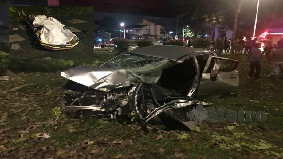 Keadaan kereta yang dinaiki mangsa dan mayat wanita (gambar kecil) selepas dikeluar dari kenderaannya dalam kemalangan di Bulatan Kepong, Kuala Lumpur pada pagi hari ini. Foto Ihsan JBPM