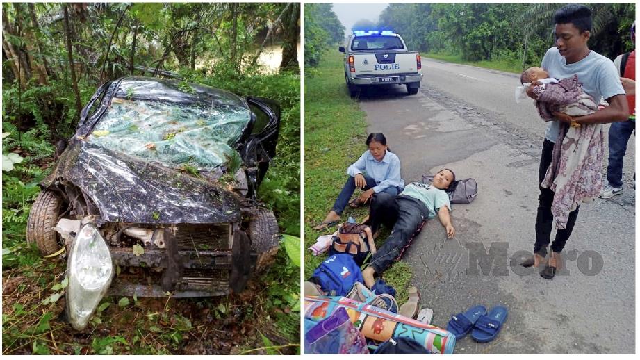 ENAM mangsa yang cedera apabila Perodua Myvi (gambar kiri) terbabas dan menjunam ke dalam gaung di Kilometer 51 Jalan Gua Musang-Kuala Krai, pagi tadi. FOTO Ihsan Bomba