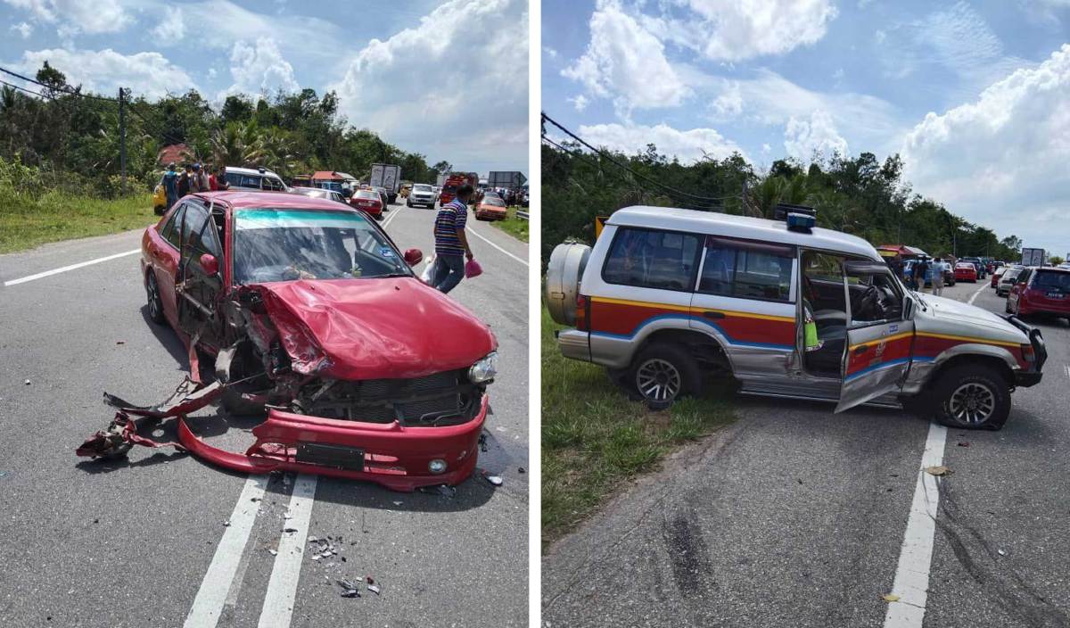 KEMALANGAN membabitkan empat kenderaan termasuk pacuan empat roda milik JBPM Kedah di Jalan Jeniang-Sik-Pedu (Jalan Sungai Pau) yang menyebabkan seorang guru wanita maut. FOTO Ihsan bomba