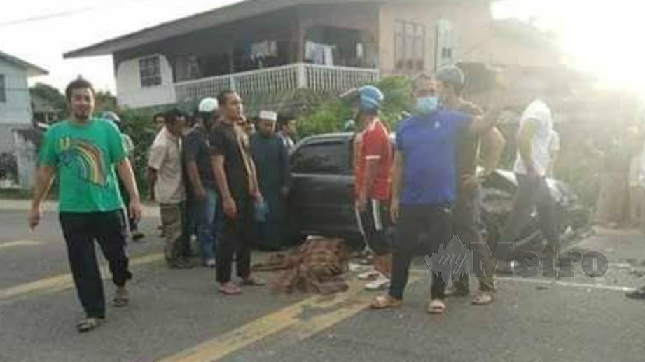 KEMALANGAN di Kampung Banggol, Jalan PCB mengakibatkan mangsa maut di lokasi kejadian. FOTO Ihsan Pembaca