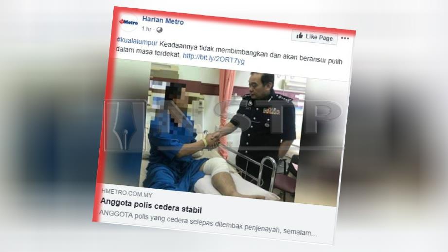 LAPORAN portal berita Harian Metro, hari ini mengenai Mazlan melawat anggota polis yang cedera ketika berbalas tembakan dengan lima penjenayah yang menyamun kedai emas dalam pasar raya di Jalan Kuchai Lama, semalam. 