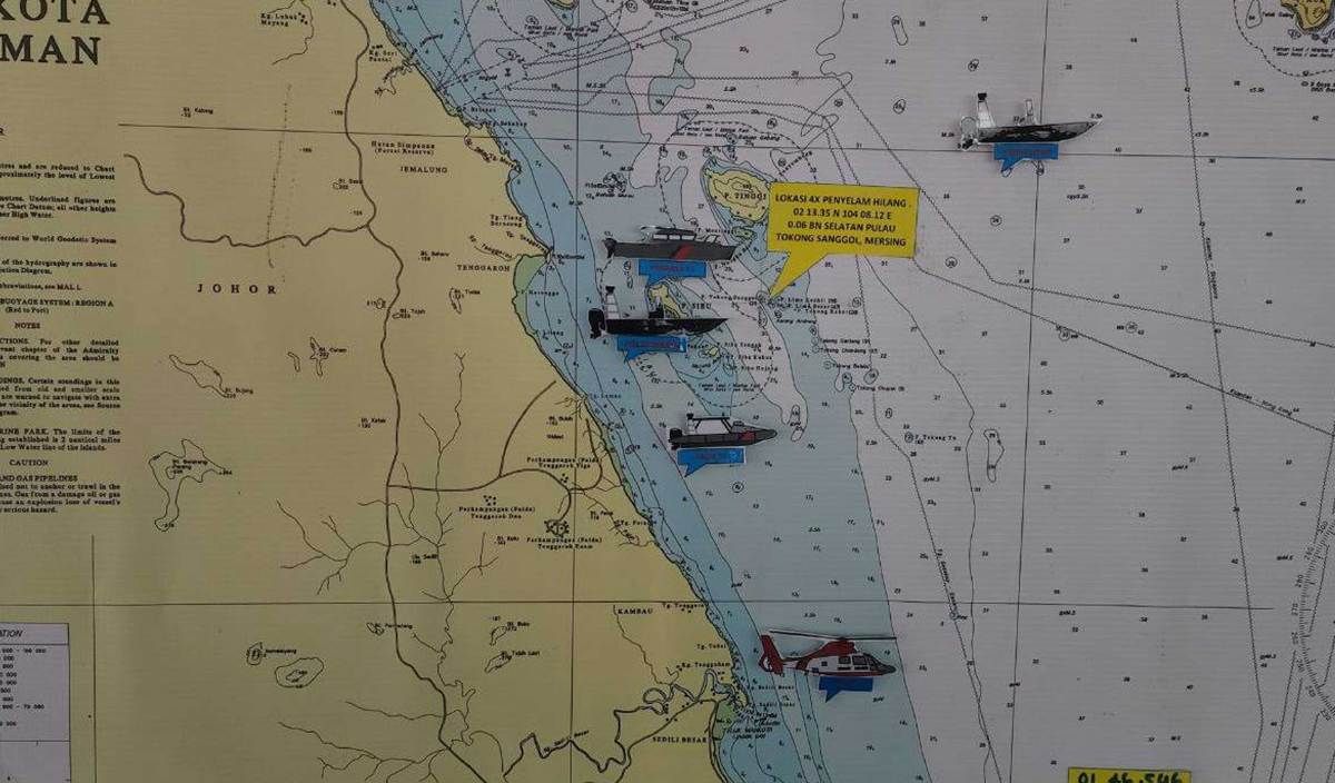 PETA lokasi kedudukan penyelam warga asing yang hilang di perairan Pulau Tokong Sanggol, kira-kira sembilan batu nautika dari Tanjung Leman. FOTO BERNAMA