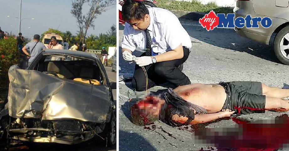 Keadaan kereta S'ng Yee Siong, 28, dan pegawai perubatan memeriksa mangsa yang maut selepas tercampak keluar dari keretanya. - Foto MOHD RIZAL ABDULLAH.