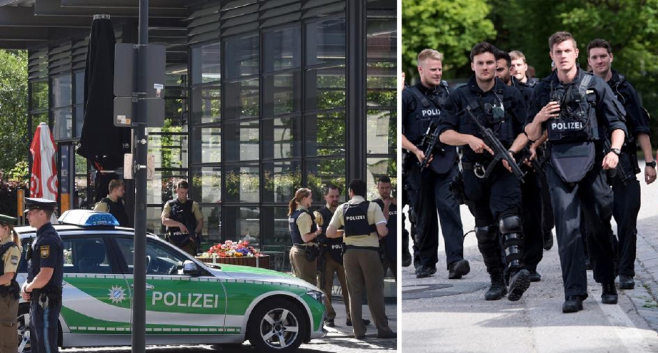 Anggota polis bersenjata lengkap mengepung stesen kereta api bawha tanah Unterfoehring di Munich. - Foto AFP