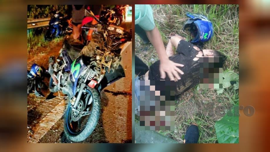 Keadaan motosikal dan mangsa selepas terbabit kemalangan di Kilometer 6 Jalan Kuching-Serian dekat Serian petang hari ini. Foto Norsyazwani Nasri