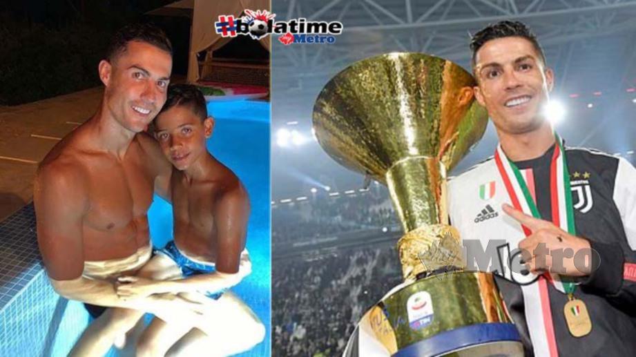 Ronaldo bersama anaknya ketika bercuti di Greece. FOTO Twitter/Juventus FC