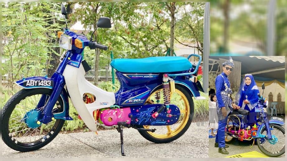 ENJIN motosikal Honda C70 dicat berwarna-warni yang tular di media sosial. (Gambar kecil) Mohamad Azehar bersama isteri mengabdikan gambar perkahwinan bersama motosikalnya. FOTO Ihsan Pembaca