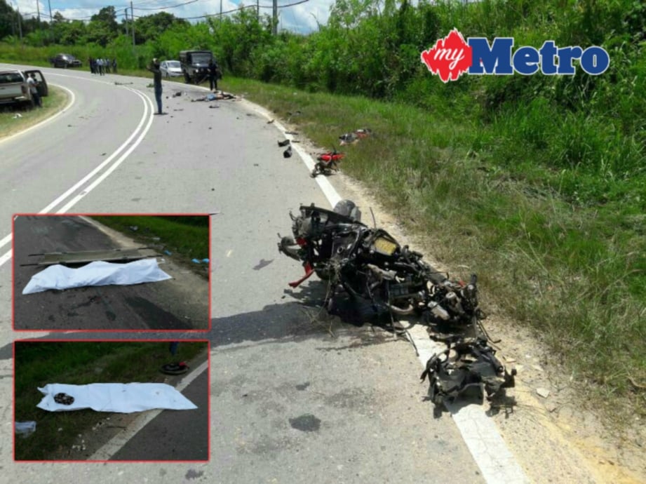 Keadaan motosikal mangsa yang musnah sama sekali. (Gambar kecil) Dua mayat mangsa sebelum dibawa ke Hospital keningau. FOTO Mohd Adam Arinin