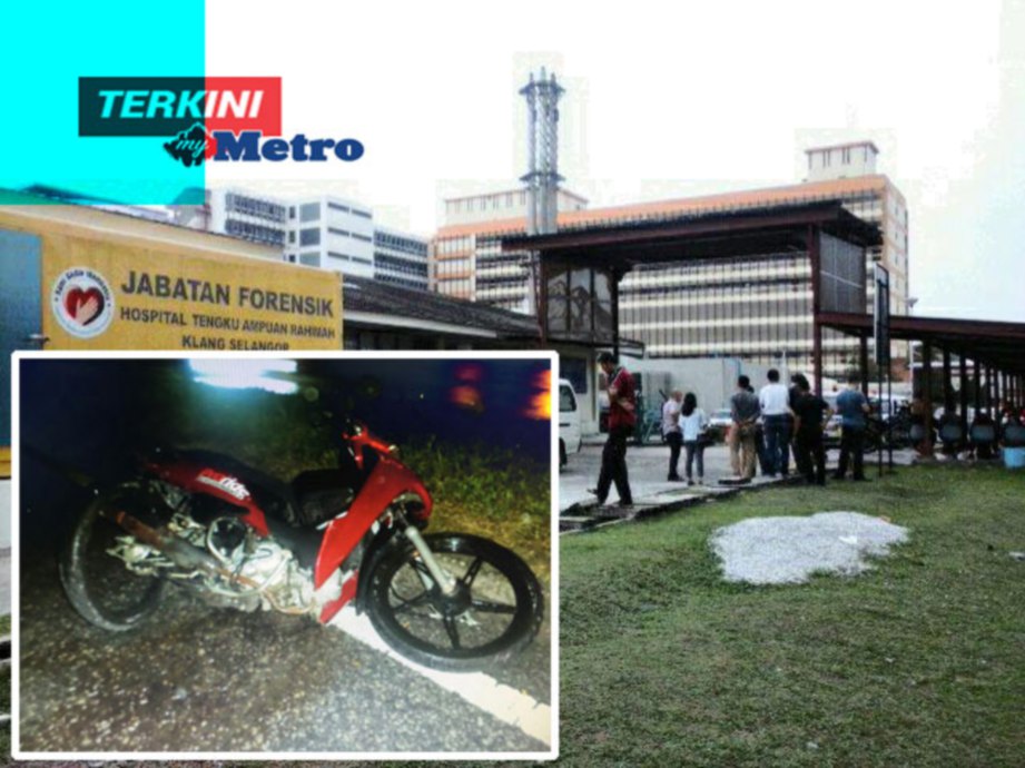 Keadaan motosikal ditunggang mangsa dan suasana di Jabatan Forensik HTAR. FOTO ihsan PDRM dan Faiz Anuar