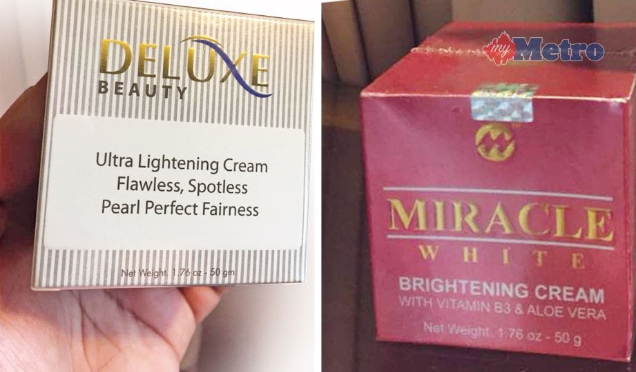 PRODUK Deluxe Beauty-Ultra Lightening Cream yang mengandungi racun berjadual. Gambar kanan, Miracle White-Brightening Cream.