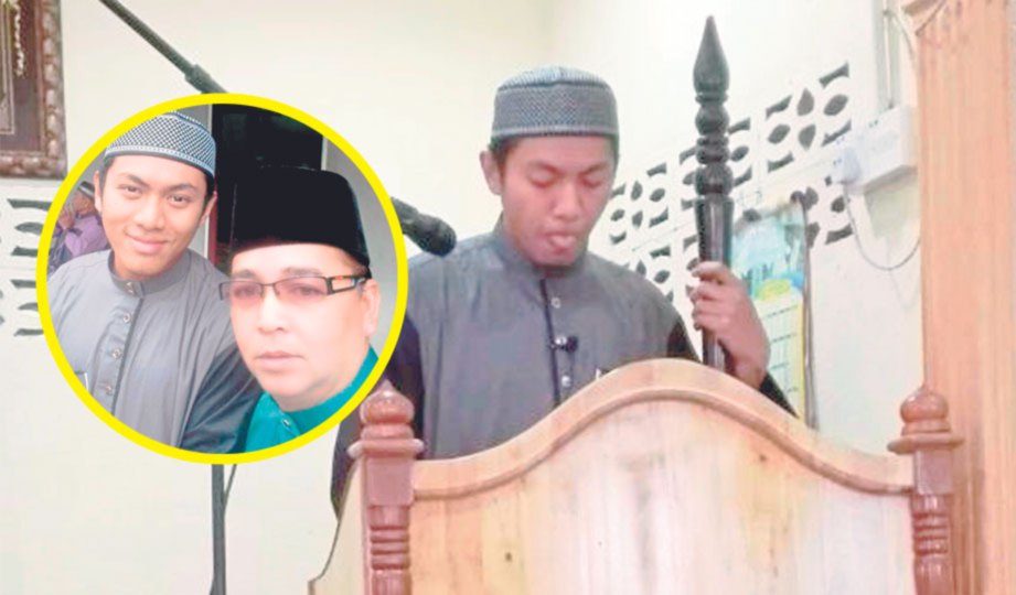 MUHAMMAD Amin membacakan khutbah ketika solat sunat Aidilfitri. Gambar kecil, Noorazmi (kanan) bersama Muhammad Amin.
