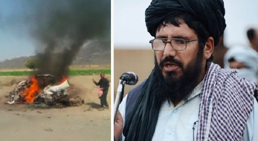 Kenderaan dinaiki pemimpin Taliban yang terbakar selepas diserang drone Amerika Syarikat di Baluchistan, Pakistan, Sabtu lalu. Pakistan menyatakan ia menemui dua mayat rentung dalam kereta itu dipercayai  Mullah Mohammed Akhtar Mansour (gambar kanan) dan pemandunya. - Foto Rueters
