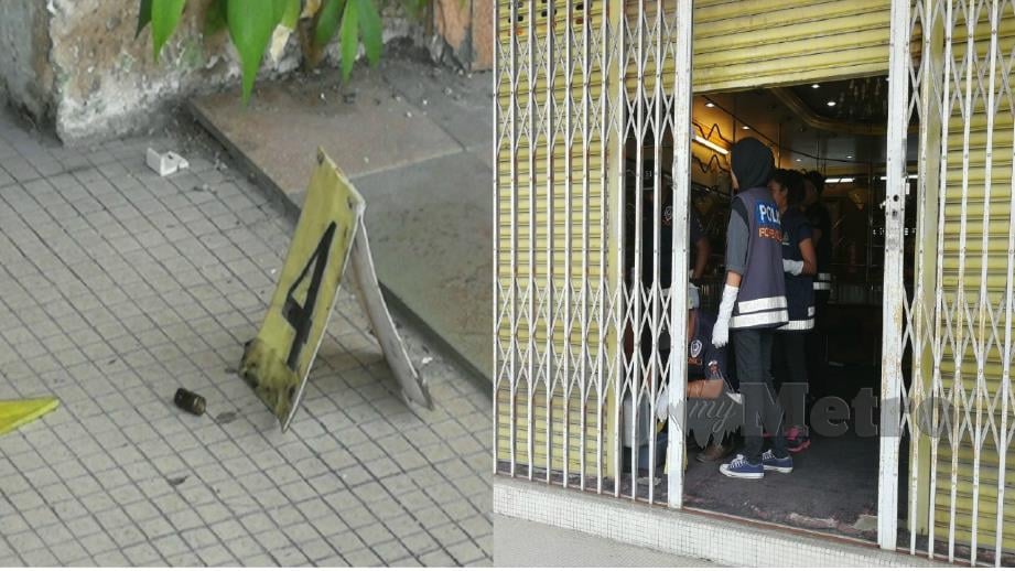 Kelongsong peluru di lokasi kejadian dan (gambar kanan) polis menjalankan siasatan di kedai emas di Jalan Lapangan Terbang Off Jalan Sultan Nazrin Shah di Ipoh yang cuba disamun hari ini. Foto Muhaizan Yahya