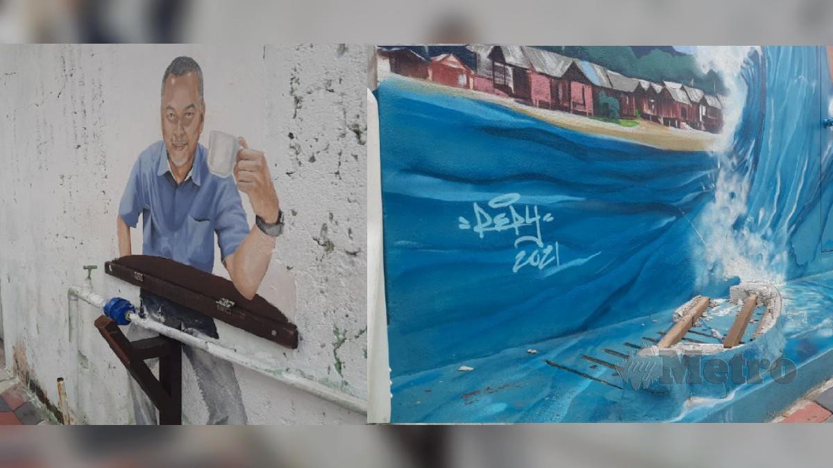 Aksesori lukisan mural di Kuantan Art Street yang di rosakkan pihak tidak bertanggungjawab. Foto Asrol Awang 