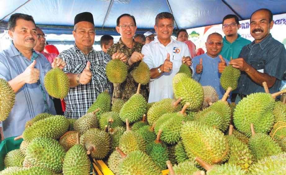ABDUL Razak (tengah) melihat durian Musang King.