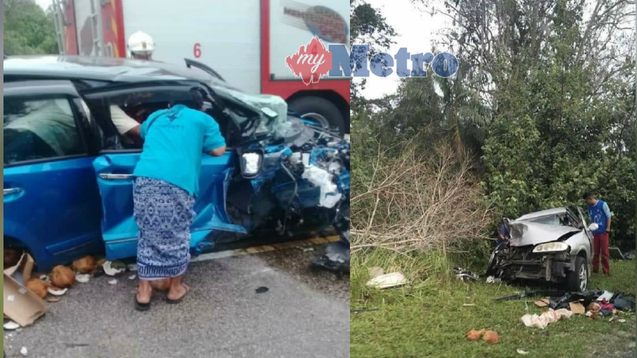 ORANG ramai cuba membantu mangsa dalam Perodua Myvi yang terbabit dalam kemalangan dengan Nissan Sentra (gambar kanan) di Kilometer 51 Jalan Pekan-Rompin berdekatan Kampung Serun, Pekan, semalam. FOTO Ihsan Pembaca
