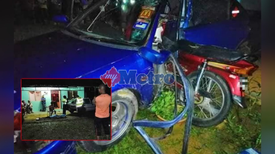 KEADAAN kenderaan dinaiki mangsa yang terbabit dalam kemalangan di Kilometer 77 Jalan Kota Bharu-Machang-Jeli, dekat Kampung Nibong, Tanah Merah, hari ini. Anggota polis memeriksa mayat mangsa (gambar kecil). FOTO Ihsan Pembaca