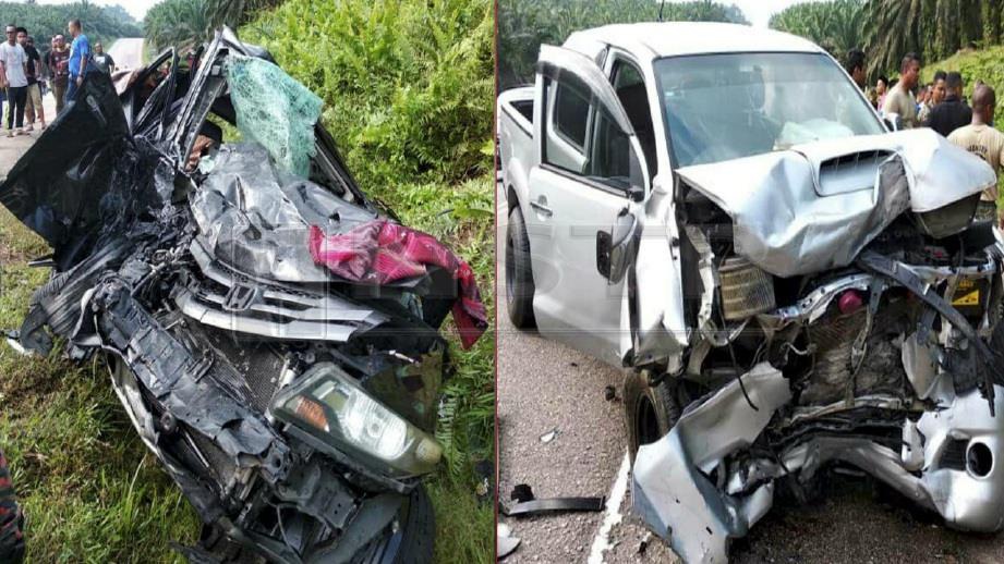 Caption<KEADAAN Honda City (kiri) dan Toyota Hilux yang terbabit dalam kemalangan di Jalan Jemaluang, Kota Tinggi menghala ke Mersing, Kota Tinggi, hari ini. FOTO Ihsan JBPM Johor