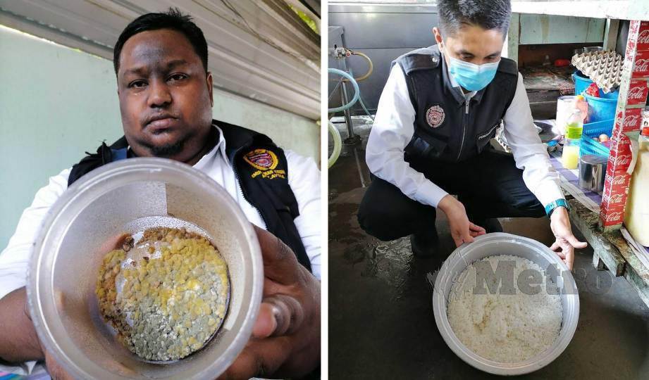 BEKAS makanan yang berkulat dan nasi yang sudah lama dimasak dibiarkan ditemui di bahagian dapur kedai makan dalam Operasi Premis Warga Asing di Gerbang Sungai Ara. FOTO Zuhainy Zulkiffli
