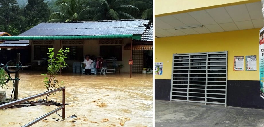 Dewan Orang Ramai Kampung Simpang Tiga, Parit, ditutup sebagai pusat pemindahan mangsa banjir di Padang Rengas hari ini dan gambar kanan, keadaan banjir di Kampung Gabis, Padang Rengas, semalam.