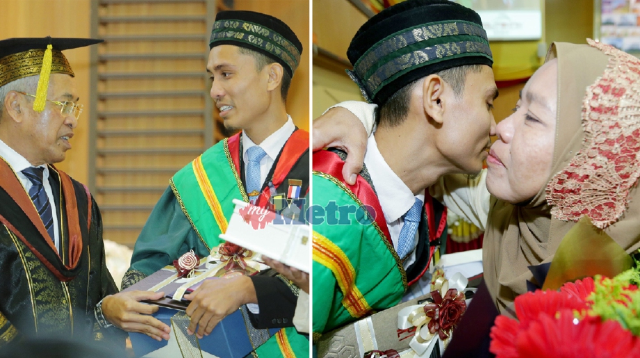 Ketua Pengarah Jabatan Pendidikan Politeknik Kementerian Pendidikan Tinggi Malaysia, Datuk Amir Md Noor, berbual dengan Shafiq Ikhsham dan kanan, Shafiq menerima ciuman daripada ibunya Jamilah Suardi, 46. -  Foto FATHIL ASRI