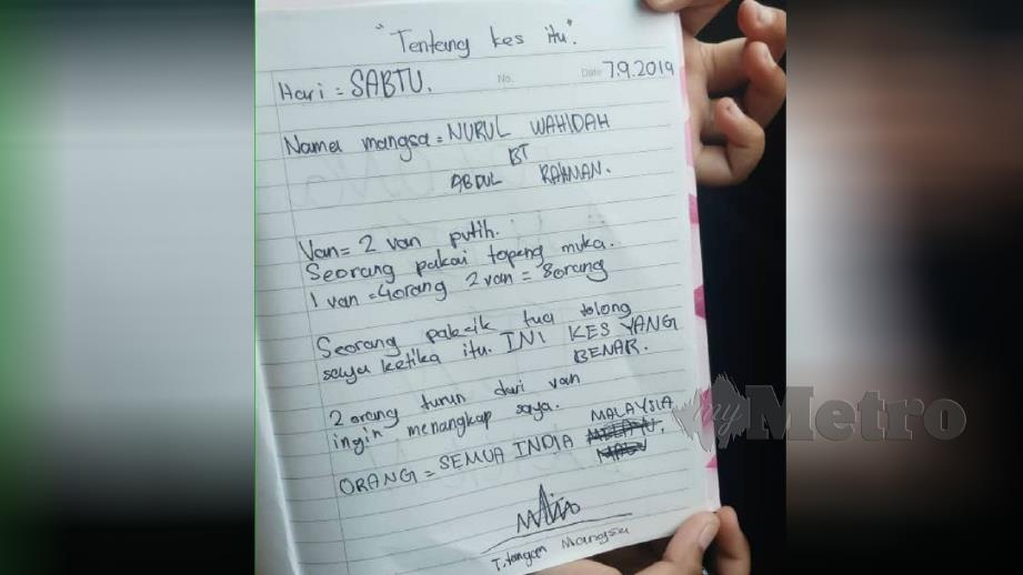NOTA tular di media sosial mengenai kejadian cubaan culik di hadapan Sekolah Agama Bukit Kapar Barat, Klang, semalam.