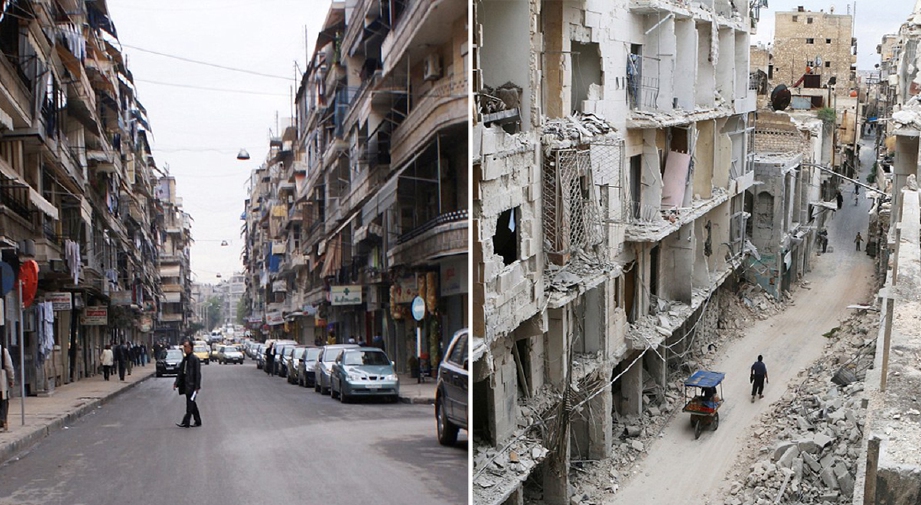 Dulu dan sekarang. Keadaan jalan di Bandar Lama Aleppo yang amat berbeza, satu masa kawasan perniagaan utama namun kini musnah akibat bedilan meriam dan serangan udara. - Foto REUTERS 