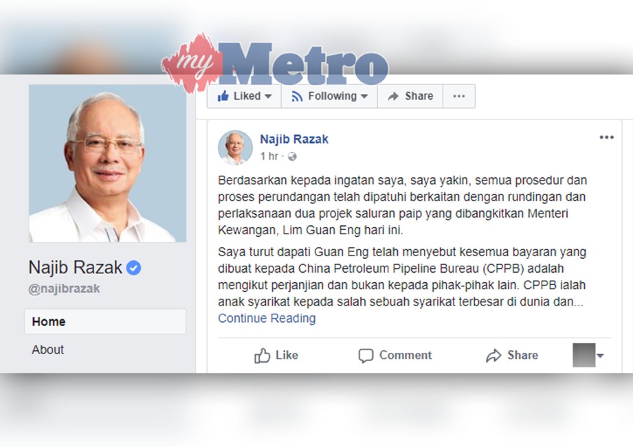 SUNTINGAN dari laman sosial Facebook milik bekas Perdana Menteri, Datuk Seri Najib Razak. 
