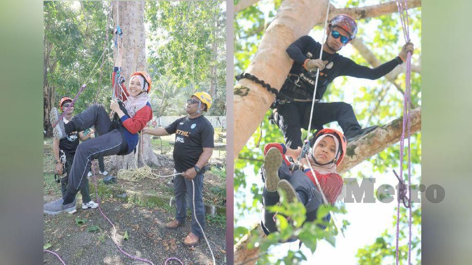 NURIN Rashida seronok memanjat pokok menggunakan tali teknik 'pam' ketika menyertai Kursus Memanjat Pokok di PLPP Belimbing. FOTO Mohd Rafi Mamat