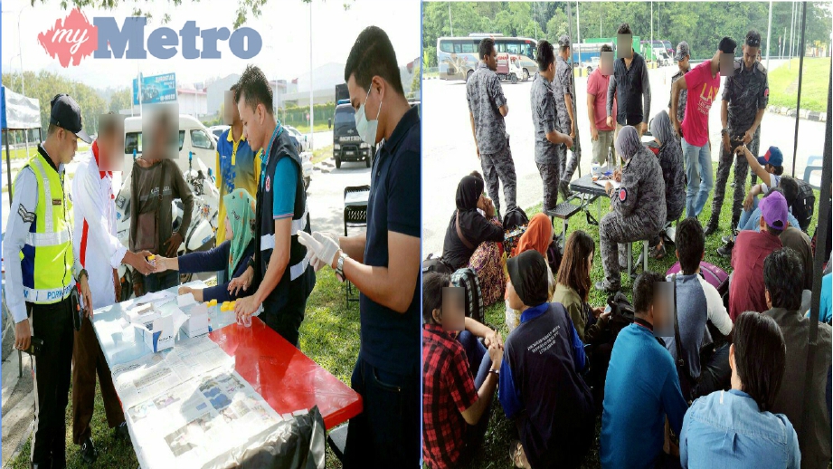 (Gambar kiri) Anggota AADK menjalankan ujian saringan air kencing manakala (gambar kanan) antara warga asing yang ditahan untuk pemeriksaan. FOTO Razif Rosli