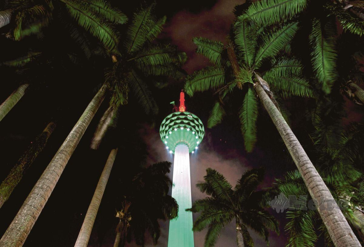 Bermula 7.30 malam hingga 12 tengah malam dari 15 Mei hingga 22 Mei 2021 pihak Menara Kuala Lumpur melimpahkan cahaya lampu berwarna bendera Palestine sebagai tanda solidariti rakyat Malaysia susulan serangan tentera Israel terhadap rakyat Palestin. FOTO Mohd Yusni Ariffin