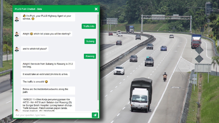 CHATBOBOT PUTRI (gambar kecil) menggunakan AI bagi membantu menyalurkan maklumat kepada pengguna lebuh raya PLUS. FOTO arkib NSTP/PLUS