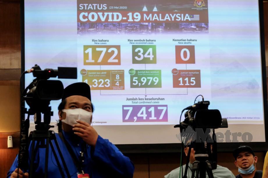 STATUS terkini COVID-19 di Malaysia dipaparkan pada skrin ketika sidang media Dr Noor Hisham. FOTO Bernama