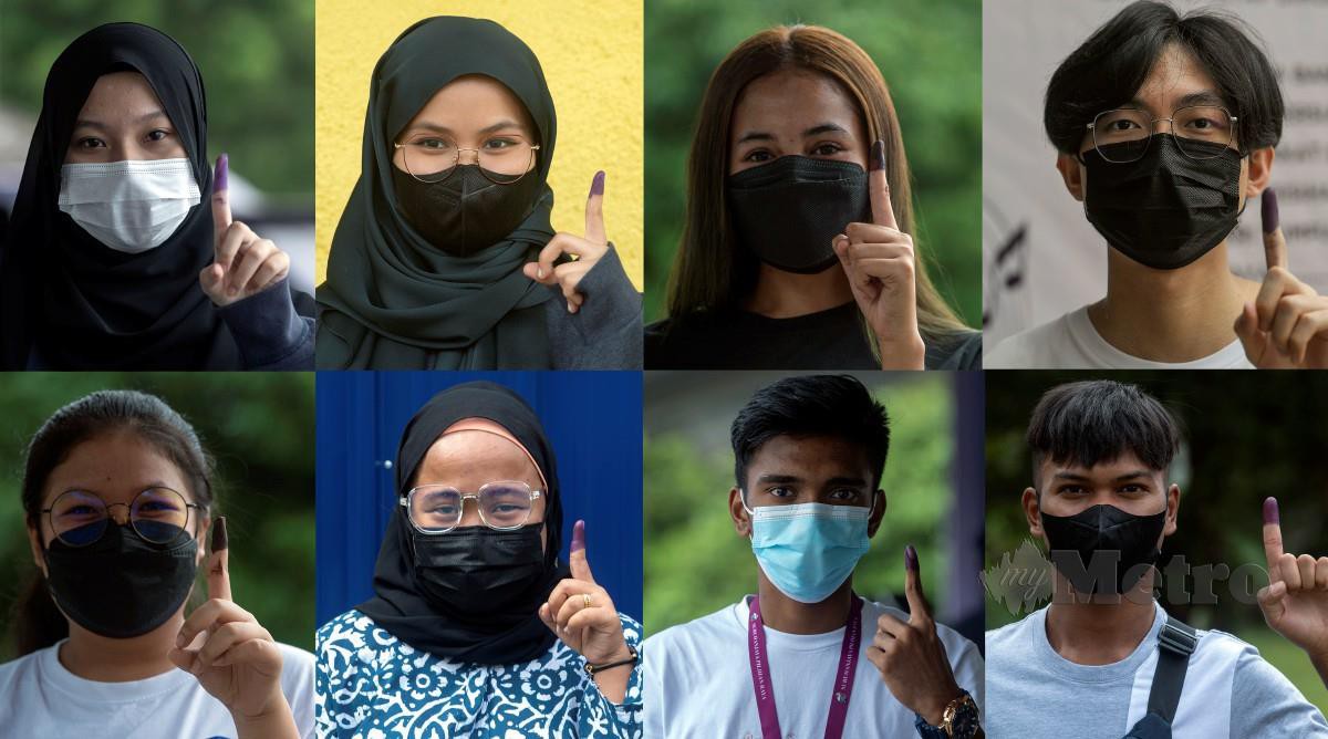 Potret pengundi muda menunjukkan jari yang sudah dicelup dengan dakwat kekal selepas mengundi bagi PRN Johor ke-15 buat kali pertama ketika tinjauan di Sekolah Kebangsaan Sungai Danga, Johor Bahru. FOTO BERNAMA