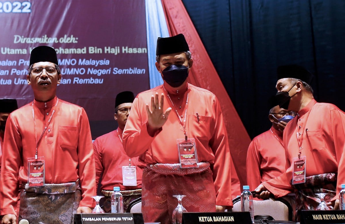 MOHAMAD Hasan (tengah) pada Mesyuarat Perwakilan Umno Bahagian Rembau hari ini. FOTO Bernama.