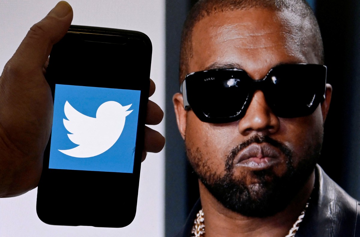 LOGO Twitter dipaparkan bersebelahan gambar Kanye West . FOTO AFP