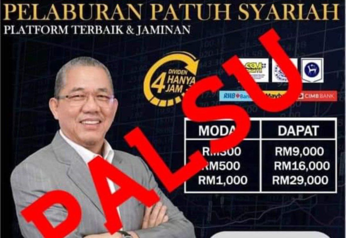 GAMBAR Datuk Seri Fadillah Yusof dalam iklan skim pelaburan. FOTO Facebook.