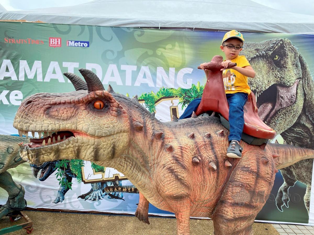 PENGUNJUNG cilik, Firash Syazwan Wan Seruji bergambar bersama dinosaur robotik ketika mengunjungi reruai Dinoland kendalian NSTP di Karnival Jom Heboh Segulai Sejalai Sarawak. FOTO Asrizal Aris