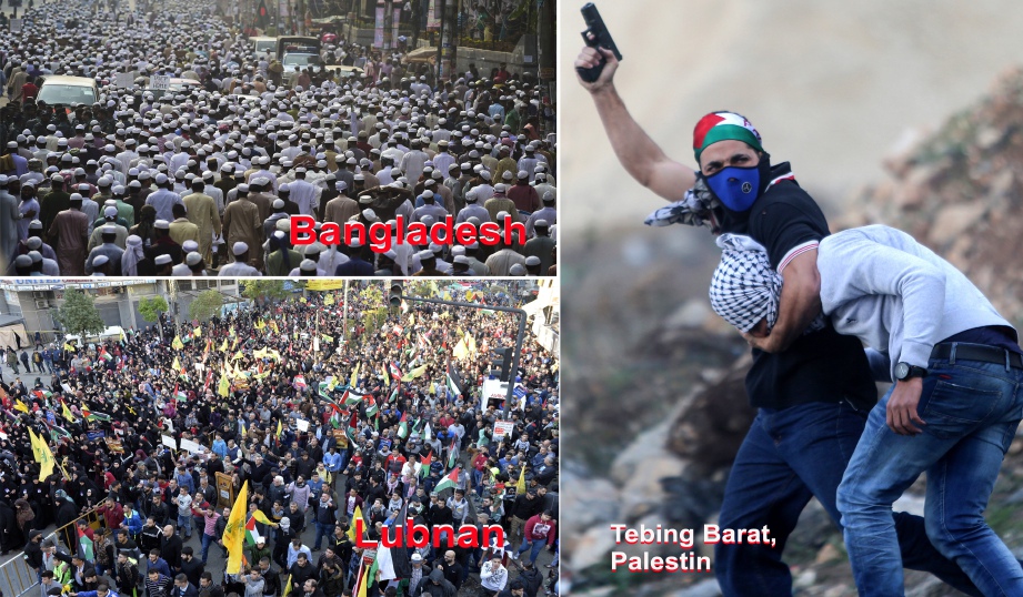 Gambar kanan, polis Israel yang menyamar menahan penunjuk perasaan di Ramallah, Tebing Barat. Gambar kiri, umat Islam memenuhi jalan raya di Dhaka, Bangladesh, berarak ke Kedutaan Amerika dan penyokong Hizbullah ketika bantahan di Beirut, Lubnan. - Foto EPA/AFP