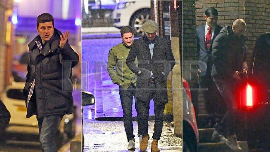 Pochettino (kiri), Beckham dan Zidane (kanan) meninggalkan restoran di tengah London. FOTO C Harris/A Weir BACKGRID