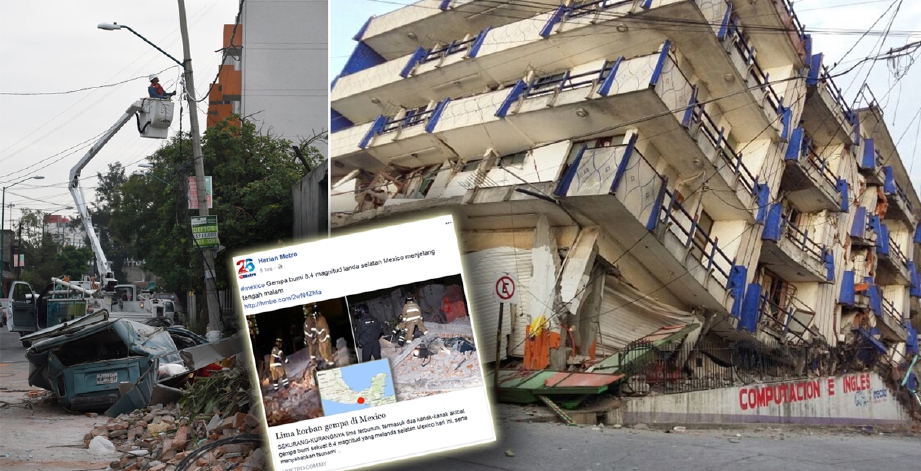 Bangunan yang senget di bandar Juchitan, Oaxaca, manakala gambar kiri, runtuhan bangunan juga berlaku di Mexico City yang terletak 1,000 km dari pusat gempa. - Foto Daily Mail/AFP