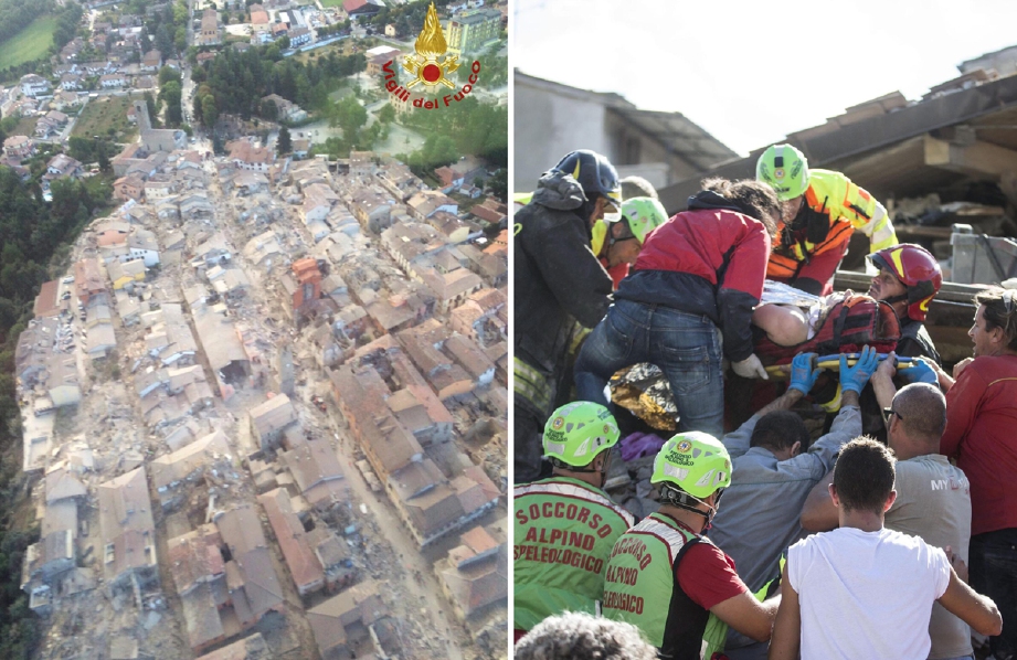 Pandangan dari udara kerosakan di bandar  Amatrice  dan susaha menyelamat. - Foto Agensi