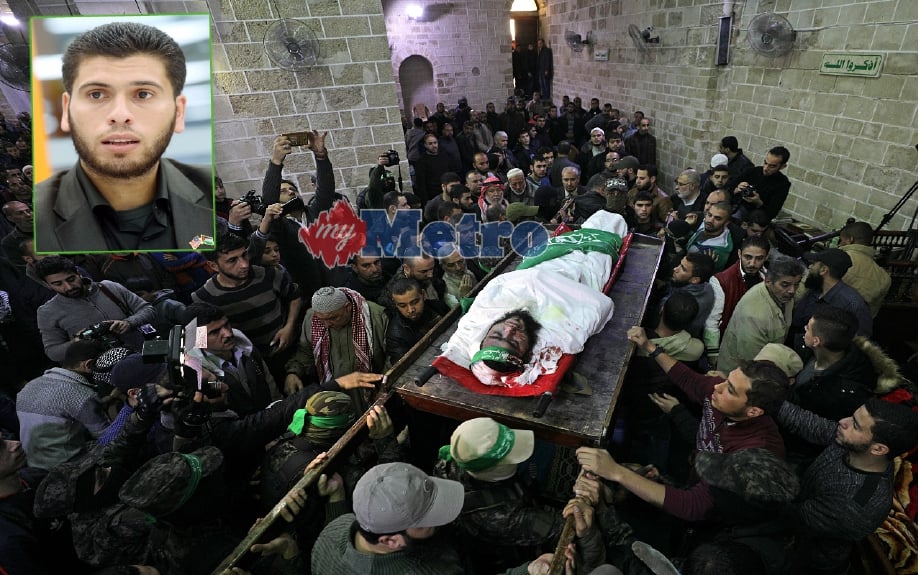Pejuang Palestin mengusung jenazah anggota Briged al-Qassam Mohammed al-Safadi yang terkorban selepas serangan udara rejim Zionis di Semenanjung Gaza kelmarin. (Gambar kecil) Hamza. FOTO Agensi 