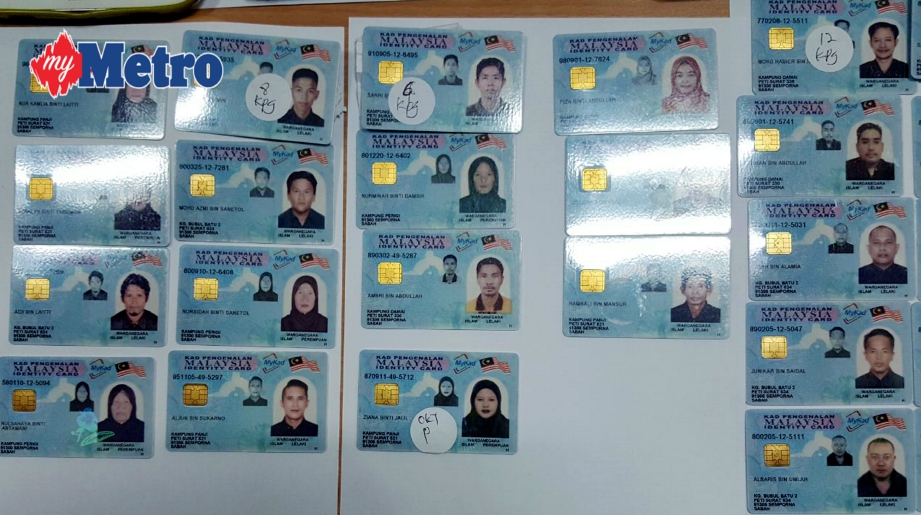 Antara MyKad palsu yang dirampas dalam Ops Khas Jabatan Pendaftara Negara (JPN) di Sabah sebelum ini. 
