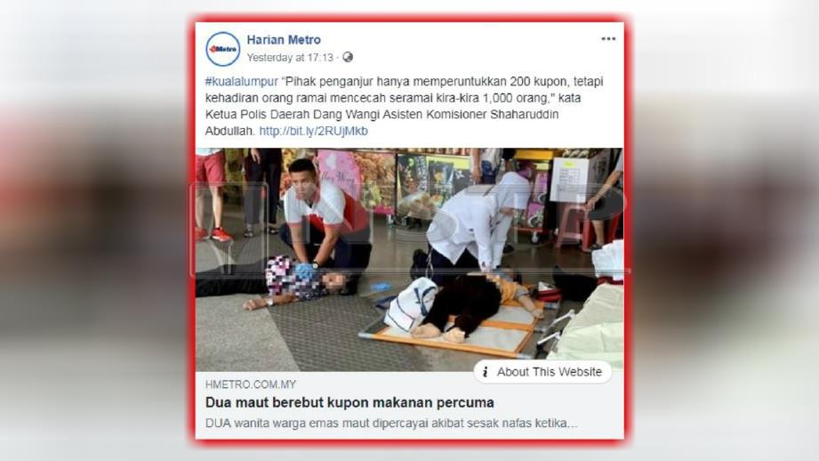 LAPORAN portal berita Harian Metro, semalam mengenai dua warga emas meninggal dunia ketika mendapatkan kupon makanan percuma. 