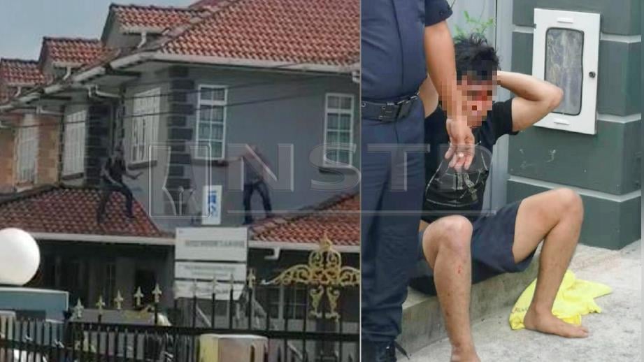 SUSPEK (kiri) memanjat bumbung untuk melarikan diri selepas dikepung ketika cuba menceroboh rumah penduduk di Jalan Hup Kee, Kuching. (Gambar kanan) Suspek berjaya ditahan. -FOTO ihsan pembaca. 