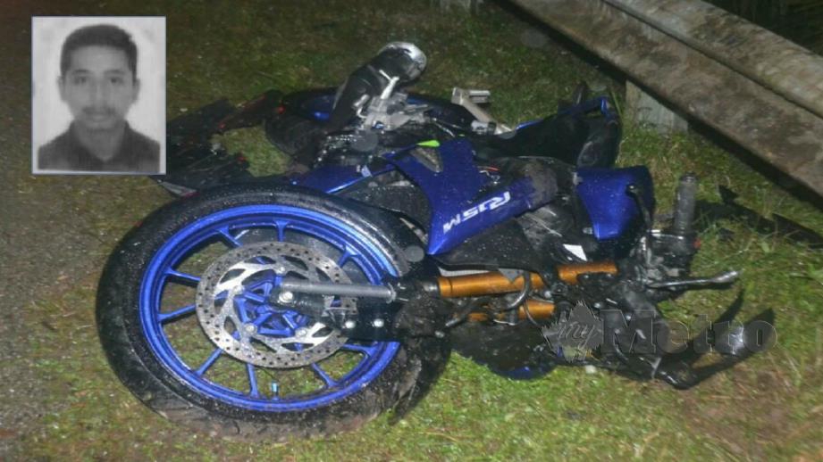 KEADAAN motosikal yang ditunggang mangsa rosak teruk. Muhammad Syaiful Azwa (gambar kecil). FOTO Ihsan Polis. 